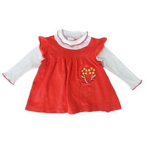Vintage 1970s Carters Baby Girl Dress Orange White Polka Dot Turtle Neck Flower